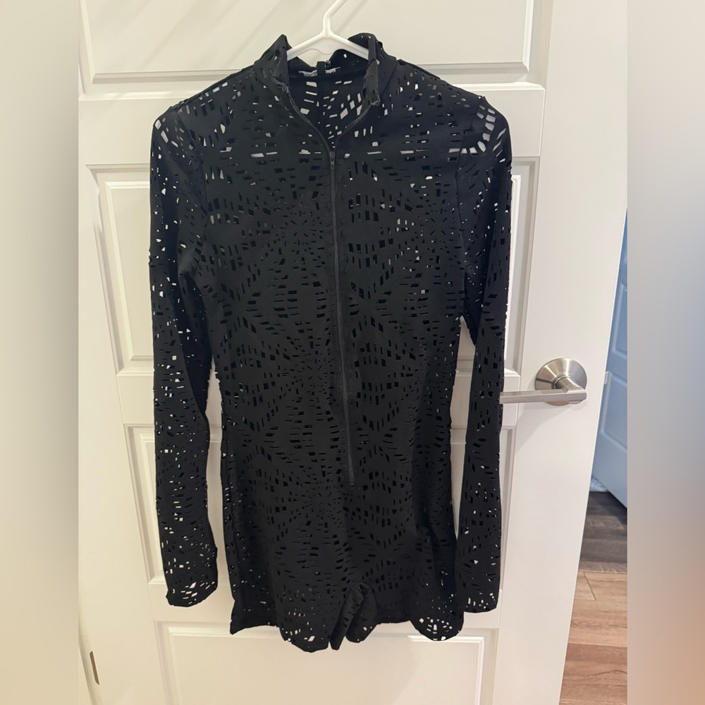 Woman Black Laser Cut Romper Size M